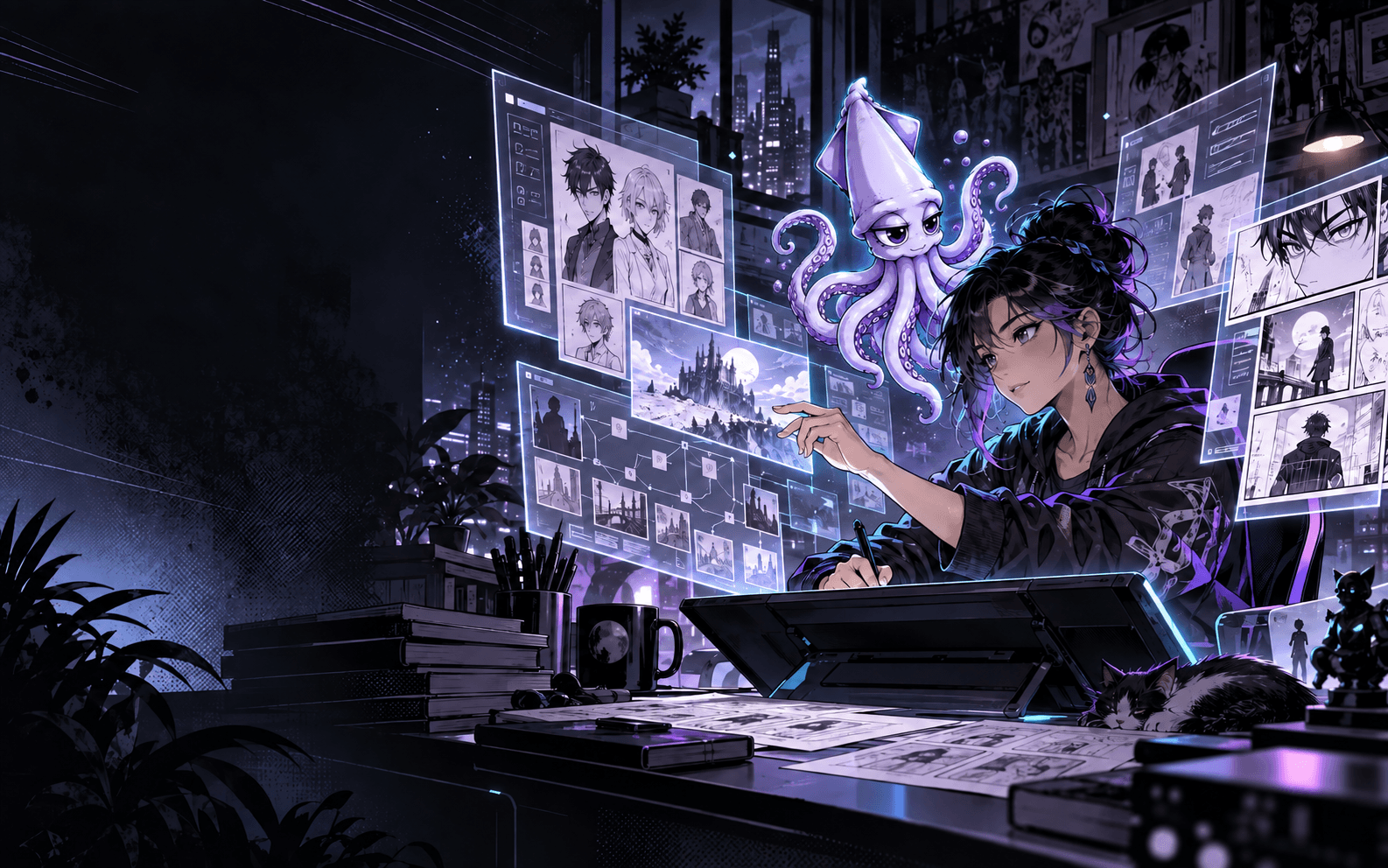 Manga creator surrounded by character sheets and panel plans, guided by Kori the squid